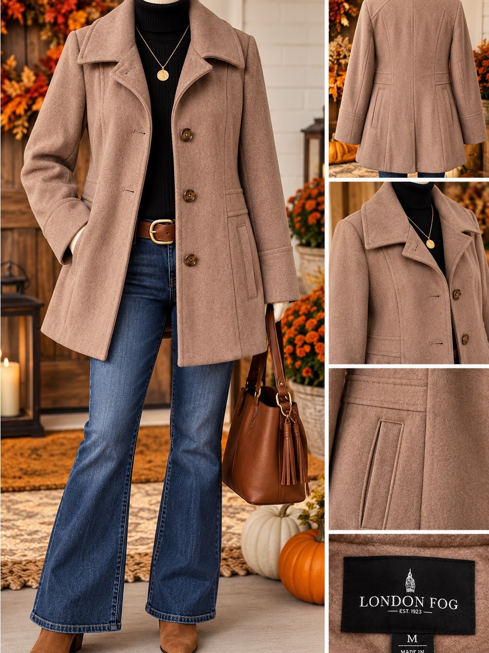 London Fog Wool Blend Coat Women M Taupe Tan Button Front Classic Peacoat